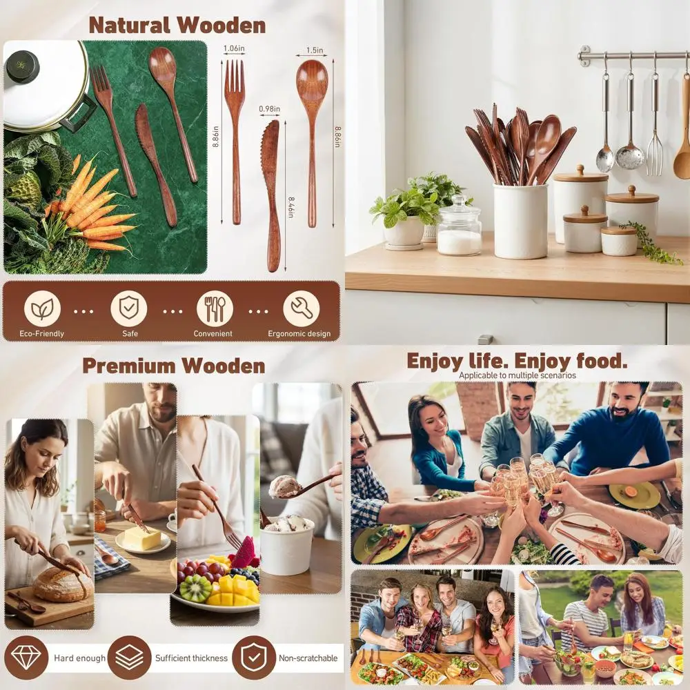 

60 шт. деревянная ложка, вилка, набор ножей, деревянная посуда для еды, набор деревянных столовых приборов, кухонные многоразовые натуральные столовые приборы для ужина, столовые приборы