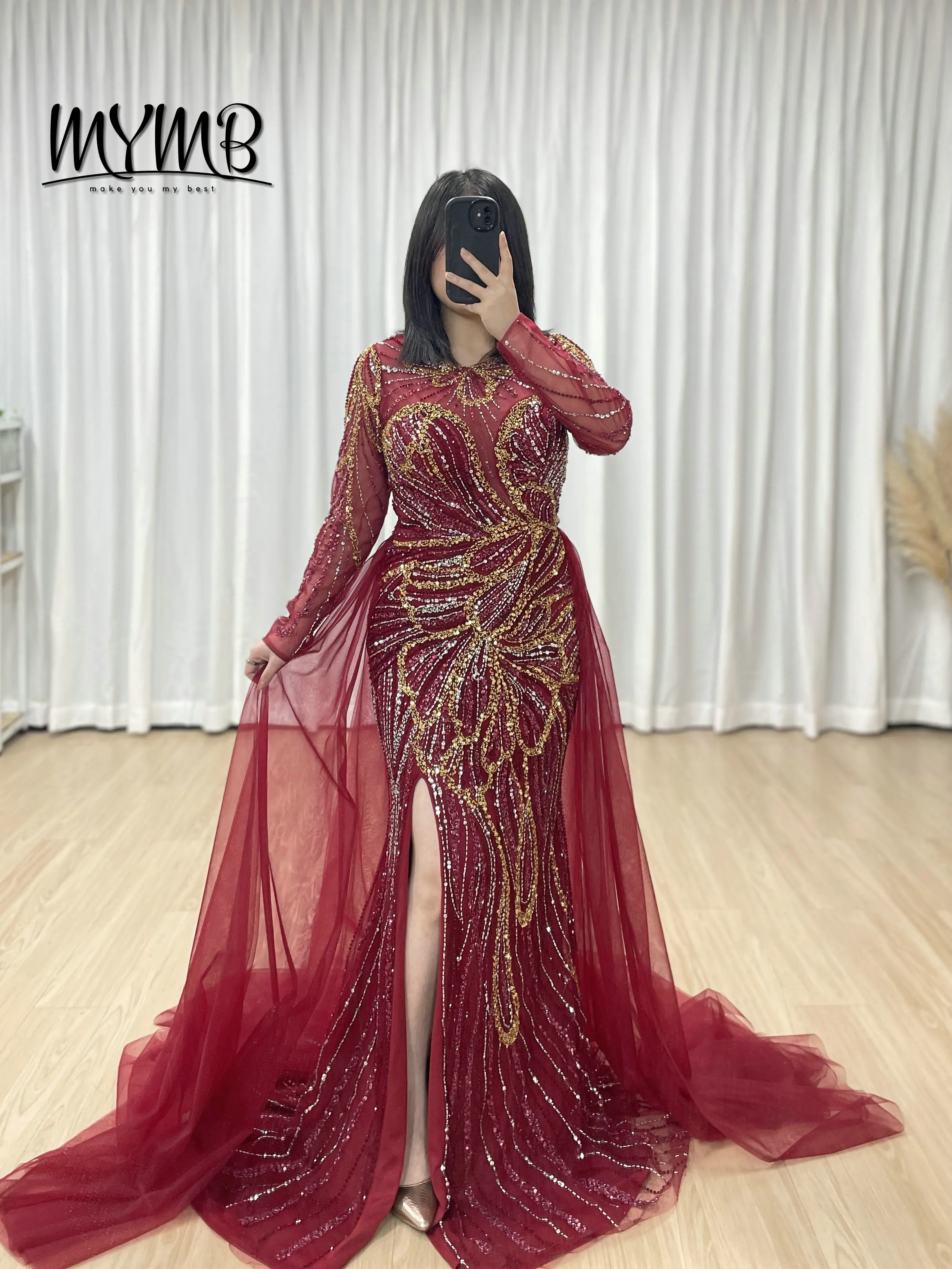 

MYMB Elegant Wine Red Long Sleeve Muslim Mermaid With Overskirt Evening Dress Luxury Purple Beaded Party Gowns for Women MC20118