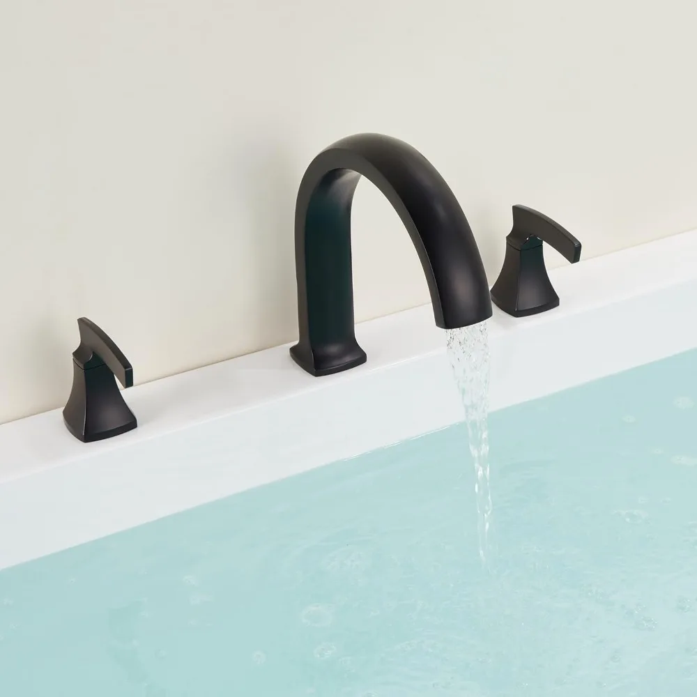 Black Deck-Mounted 3-Hole Waterfall Tub Filler with Brass Handles for Roman Tub Bathroom Faucets