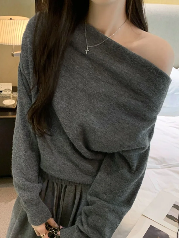 한국 슬레 레이지 대각선 어깨 스웨터 여성용 가을 겨울 신상 고급 감성 슈퍼 아름다운 이너웨어 아우터웨어...