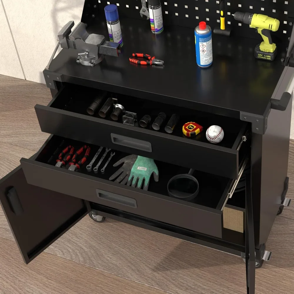 Établi de garage mobile avec 4 roues, chariot à outils, armoire de rangement en métal, 2 portes de proximité, 31.5 po H