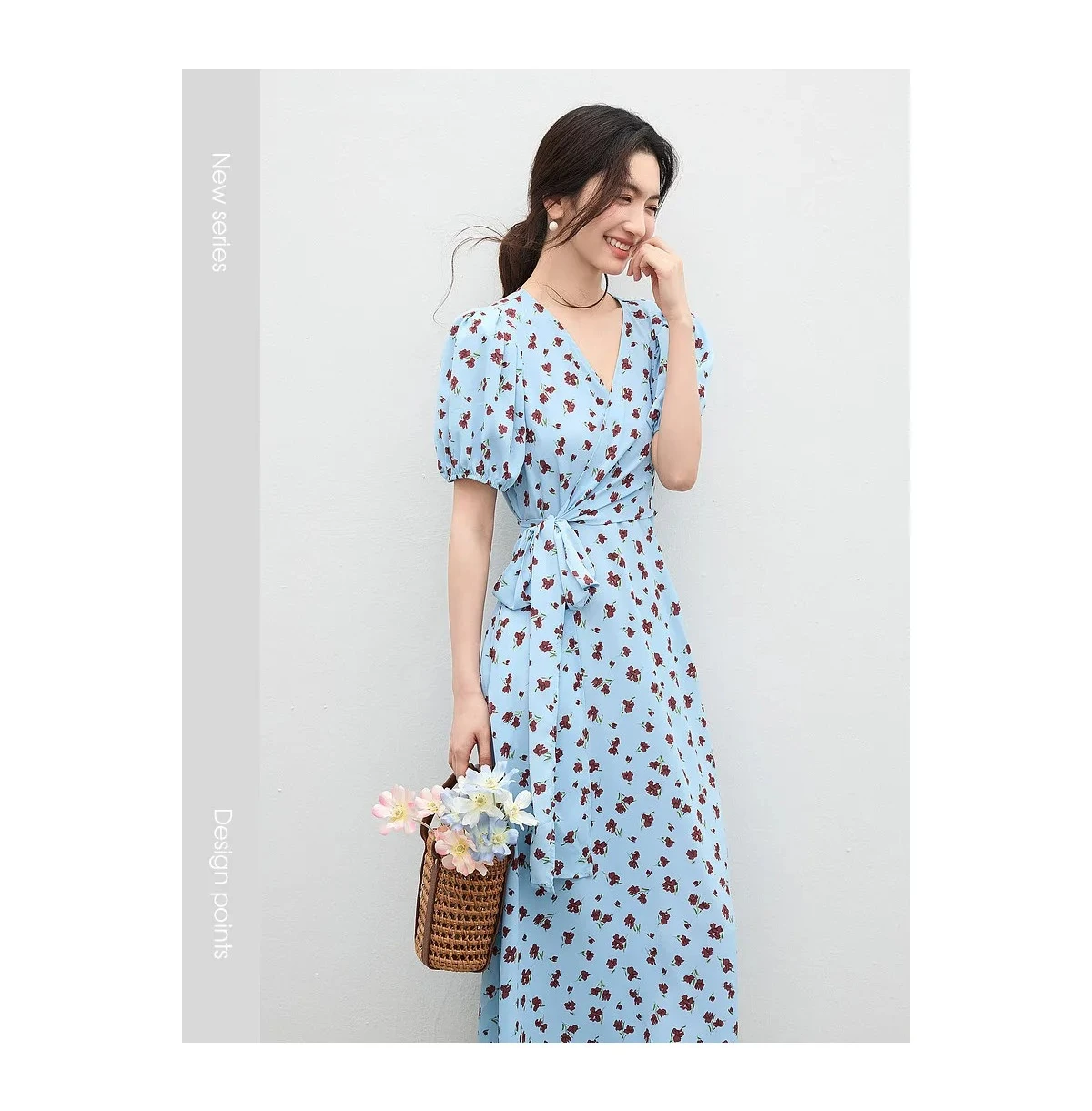 SENTUBILA 2026 Sommer-Blumenkleider für Damen, Französischer V-Ausschnitt, Puffärmel, Elegantes Taillenband, Figurbetontes Bedrucktes Midi-Kleid W62LF7571 – Detail 10