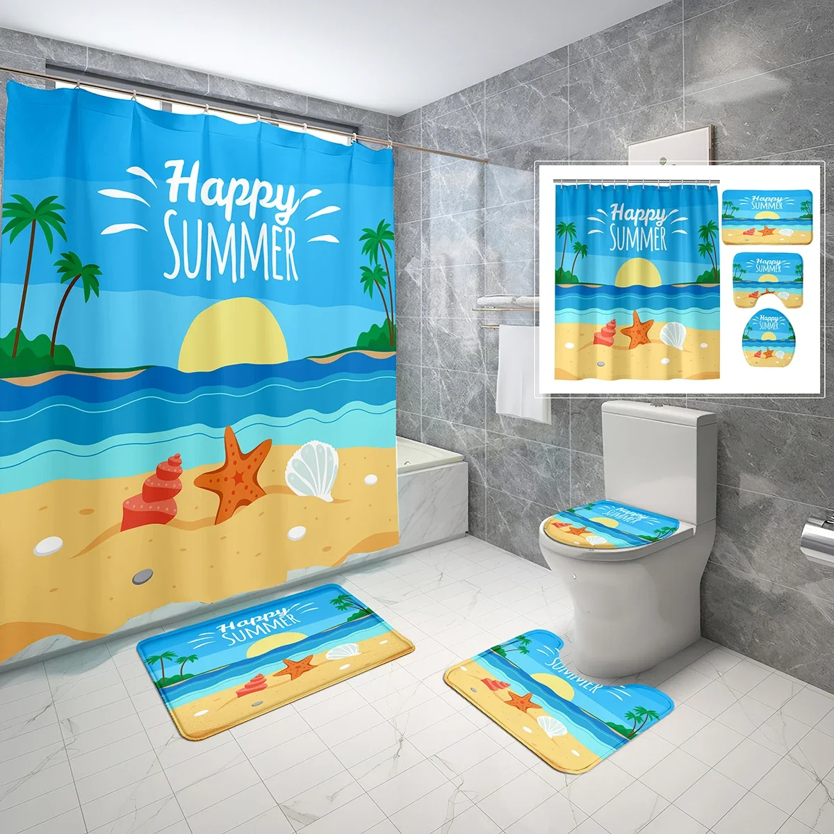 

4 Pcs Summer Shower Curtain Sets with Toilet Lid Cover and Non-slip Bath Mat Tropical Beach Shell Waterproof Shower Curtain Set