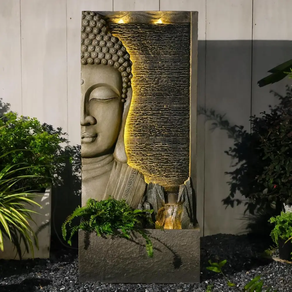 

Large Outdoor Zen Buddha Water Fountain with LED Lights, Double Bubblers & Stream for Patio and Garden Meditation Decor