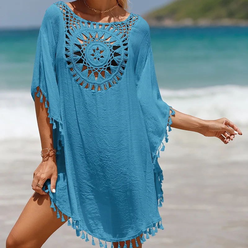 2024 Hand hook solid color patchwork beach skirt with small tassels for sun protection short sexy beach cover up