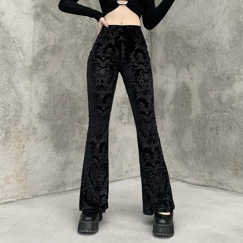 Mall Goth Flocking Velvet Women Pants Women Dark Gothic Harajuku Streetwear 90s High Waist Slim Aesthetic Skinny Leggings Punk