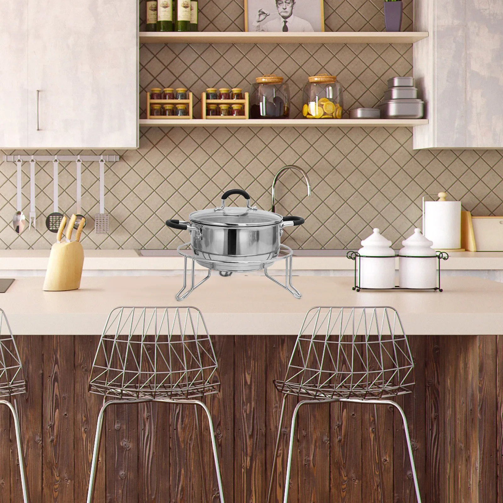 

1pcs Metal Pot Stand Heat Insulated Trivet For Kitchen Counter Protection Round Steam Holder Cooking Rack Storage