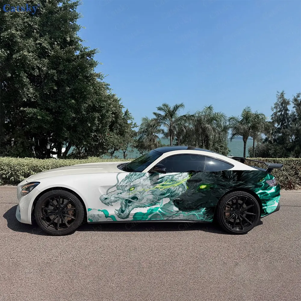 2pcs Wolf Dragon Duel Car Side Wraps, Self-Adhesive PVC Waterproof & Scratch-Resistant Stickers, Car Accessory Gift