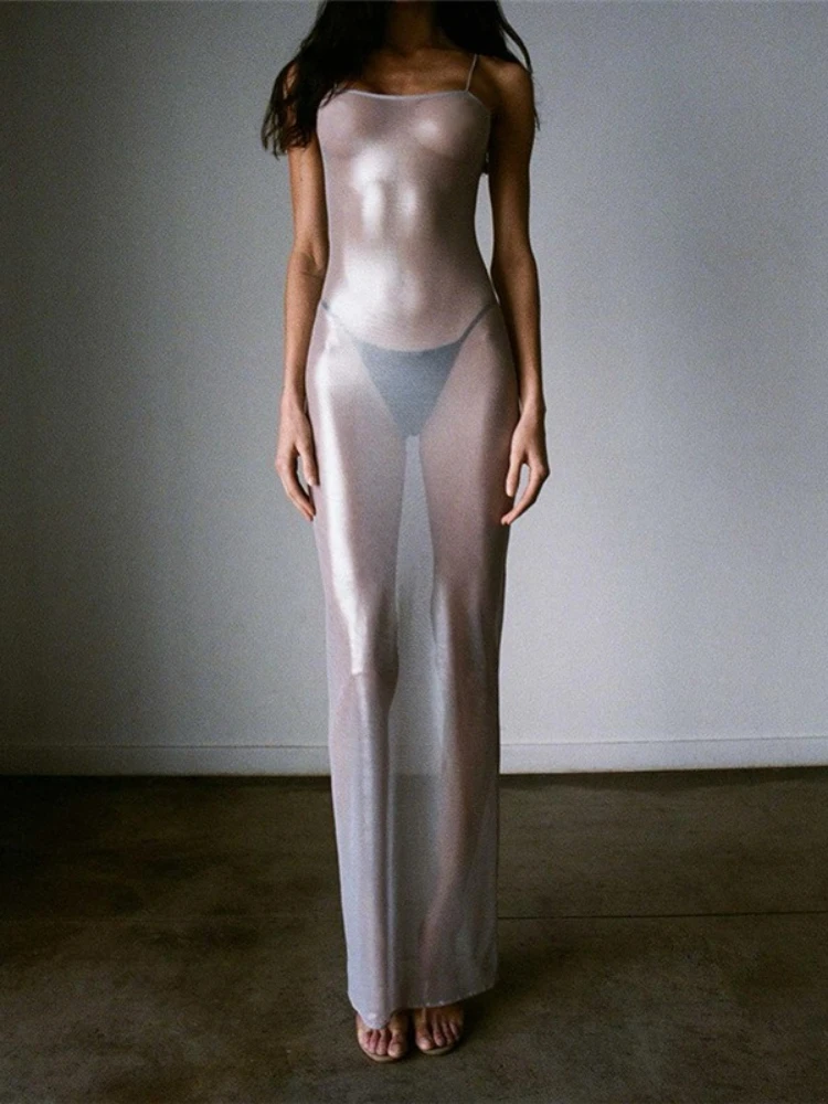 

Sexy Spaghetti Strap See-through Silver Bodycon Maxi Dress Women Sleeveless Skinny Long Dress Elegant Club Party Vestidos