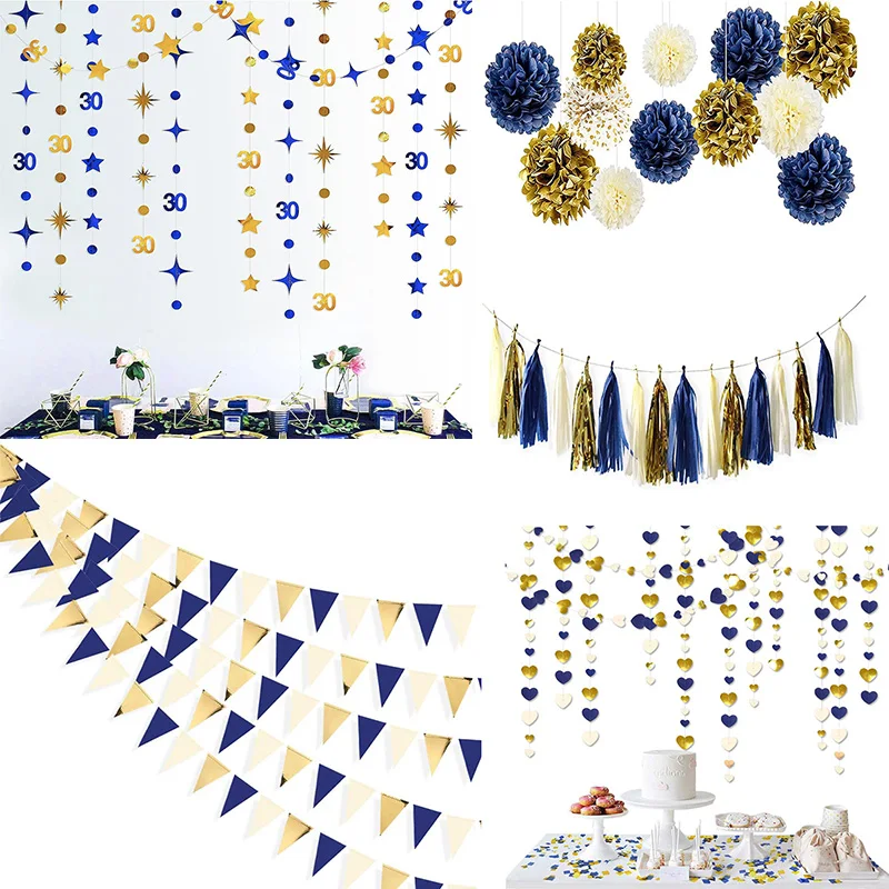 Royal Blue Gold 30th Birthday Banner Decorations Birthday Party Balloons For Paper Pompom Flower Heart Tassel Garlands Supplies