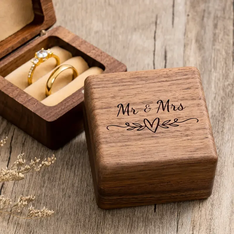 Engagement Proposal Wedding Ceremony Engraved Walnut Wood Ring Box Mr & Mrs, Ring Bearer Box For 2 Rings, Upscale Gifts Display