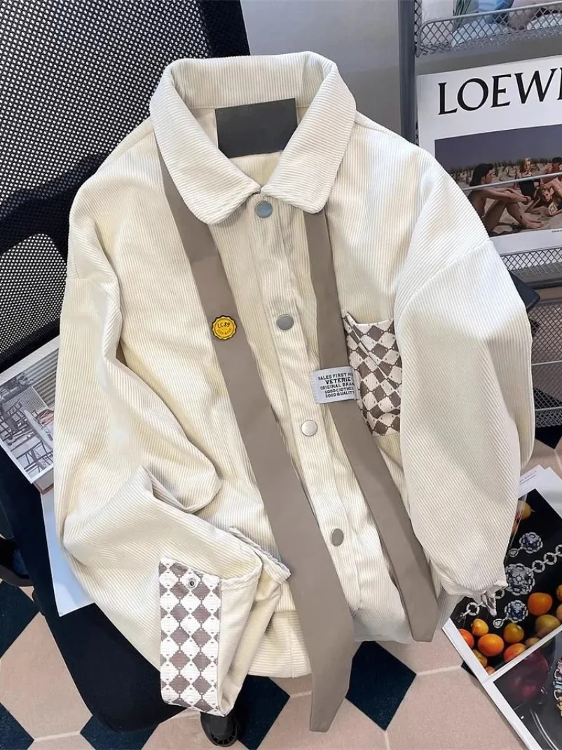 ใหม่ Retro Corduroy Tie เสื้อผู้หญิงลําลอง Oversize Preppy สไตล์เสื้อหลวมแขนยาวลายสก๊อต Patchwork Bf ออกแบบเสื้อฤดูใบไม้ผลิ