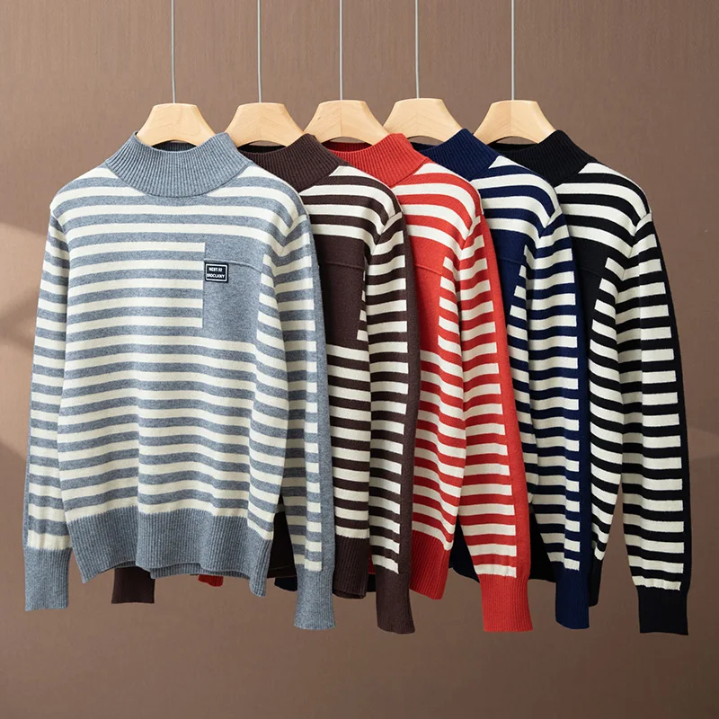 

Весенний вязаный свитер с высоким воротником, женские топы с длинными рукавами, полосатый женский осенний свободный модный свитер, пуловер, джемпер