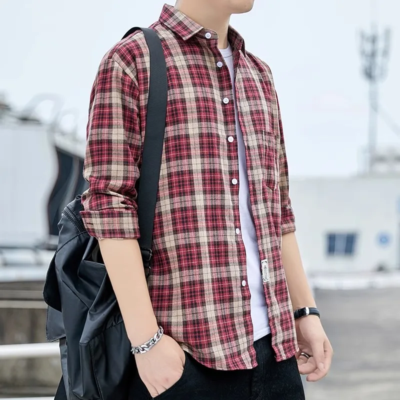 

Men Plaid Shirt Flannel Long Sleeve Stripe Shirts Street Pocket Japan Cotton Loose Slim Fit Male Casual Soft Tuxedo Formal Shirt