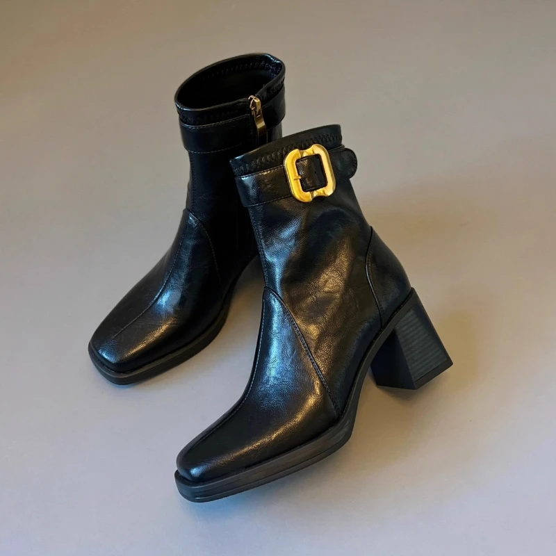 حذاء نسائي ذو نعل سميك وكعب سميك ومقدمة مربعة وسحاب جانبي مقاوم للماء، متعدد الاستخدامات ومضاد للانزلاق وجيد التهوية للكاحل #2