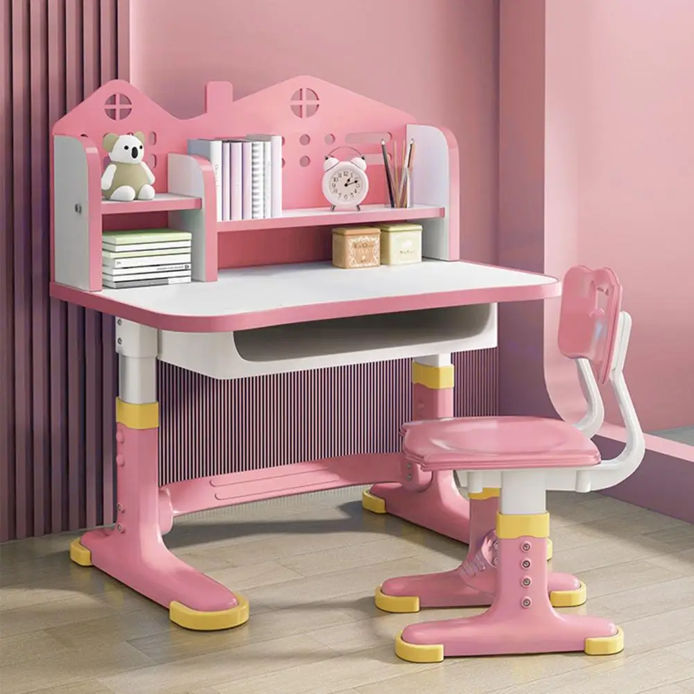 Conjunto de Silla y Escritorio Funcional para Niños, Escritorio de Estudio Escolar Ajustable en Altura con Respaldo en Forma de Castillo