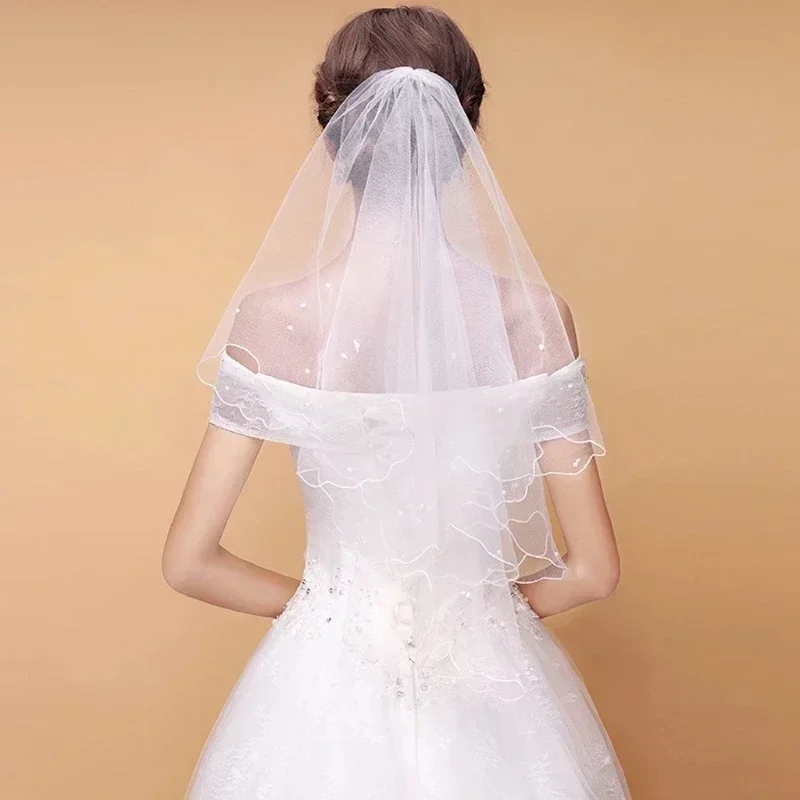 

Bridal Pearl Wedding Dress Veil Layers Tulle Ribbon Edge Women Accessories