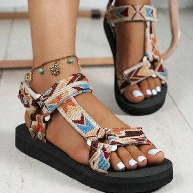 Women\'s Large Size Printed Platform Flat Sandals Adjustable Spring Summer Thin Bottom Ethnic Style Non-slip Beach Sandals