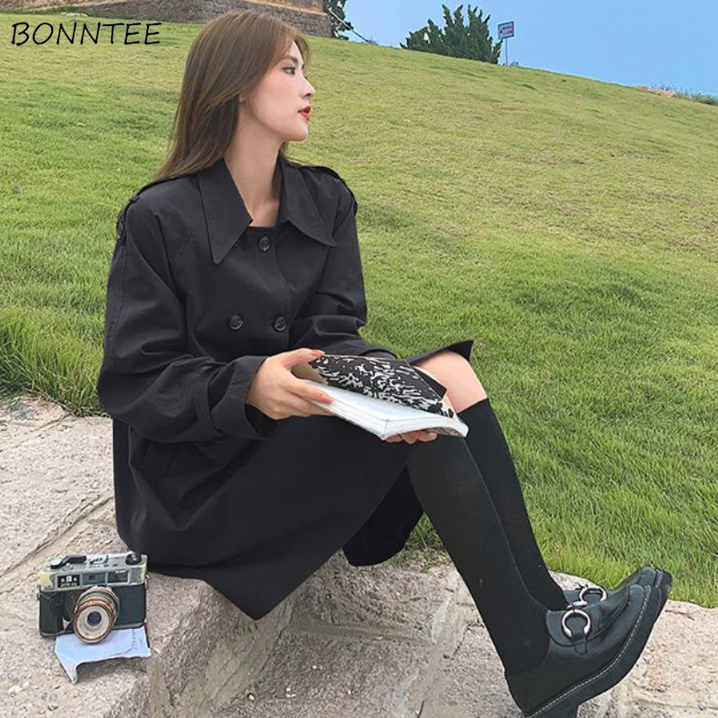 

Trench Women Vintage Elegant Windproof Coats Double Breasted Temper British Aesthetics Preppy High Street Minimalist Classical