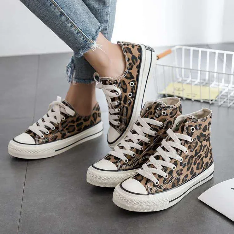 Women\'s Canvas Shoes Summer Leopard Print Lace-up Flats Casual Shoes Lady Autumn High-Top Vulcanized Shoe Non-Slip Sneakers