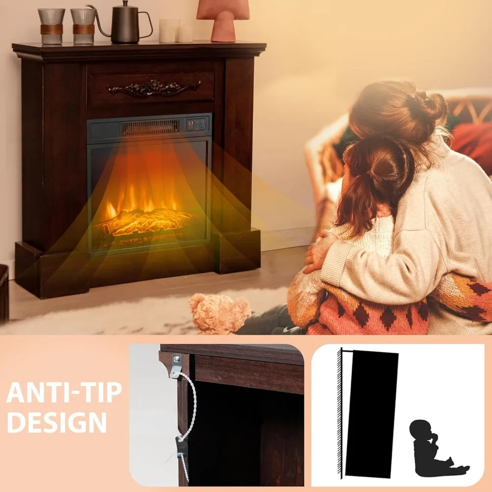 COSTWAY Chimenea eléctrica de 32 pulgadas con repisa, calentador de chimenea independiente de 1400 W con control remoto, termostato, temporizador de 6 horas, A