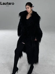 Lautaro Winter Long Black Hairy Shaggy Thick Warm Soft Fluffy Faux Fur Coat Women Sashes Luxury Designer Overcoat Runway Fashion