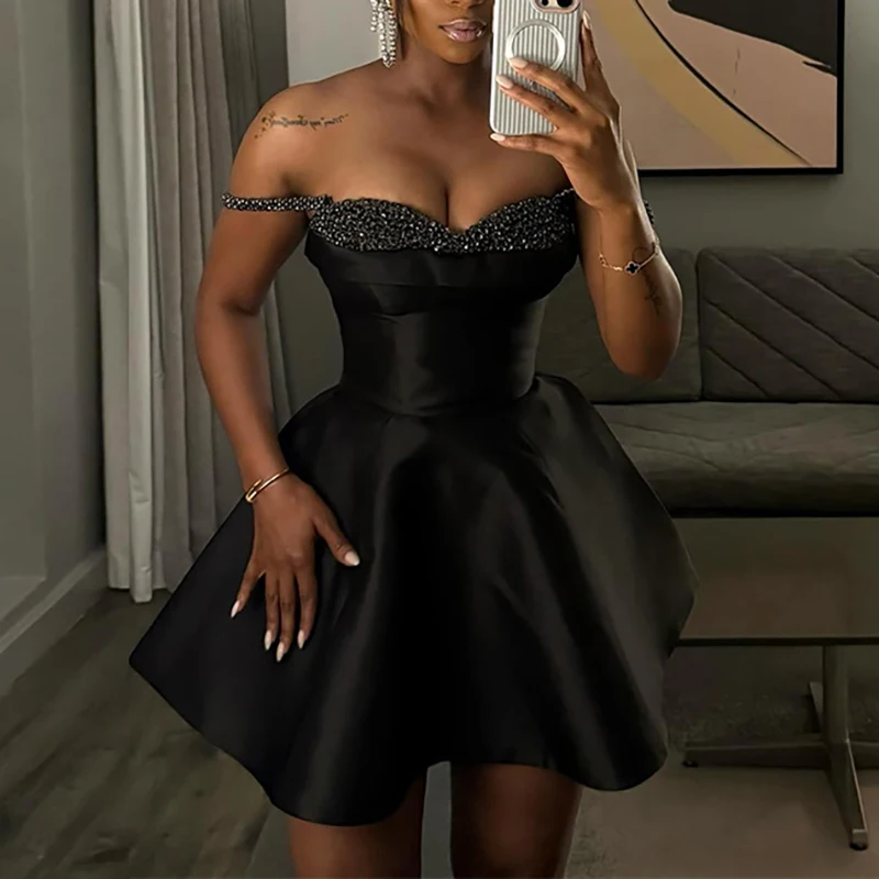 Casual Sleeveless High Waist Party Dress Black Sequin Patchwork Slim A-line Dress Lady Sexy Off Shoulder Pleated Suspender Dress