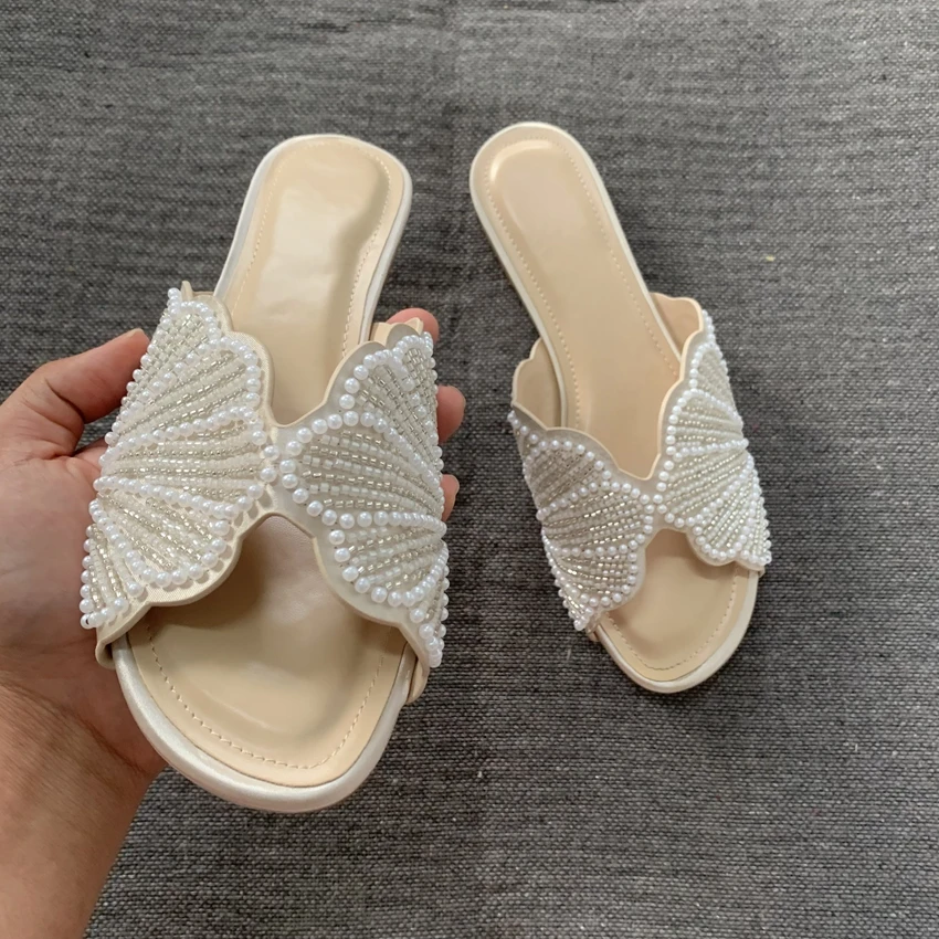 Luxury Summer Flat Sandals for Women Fashion Faux Pearl Designer Slide Sandal Comfortable Lightweight Beach Casual Shoes Woman image 4