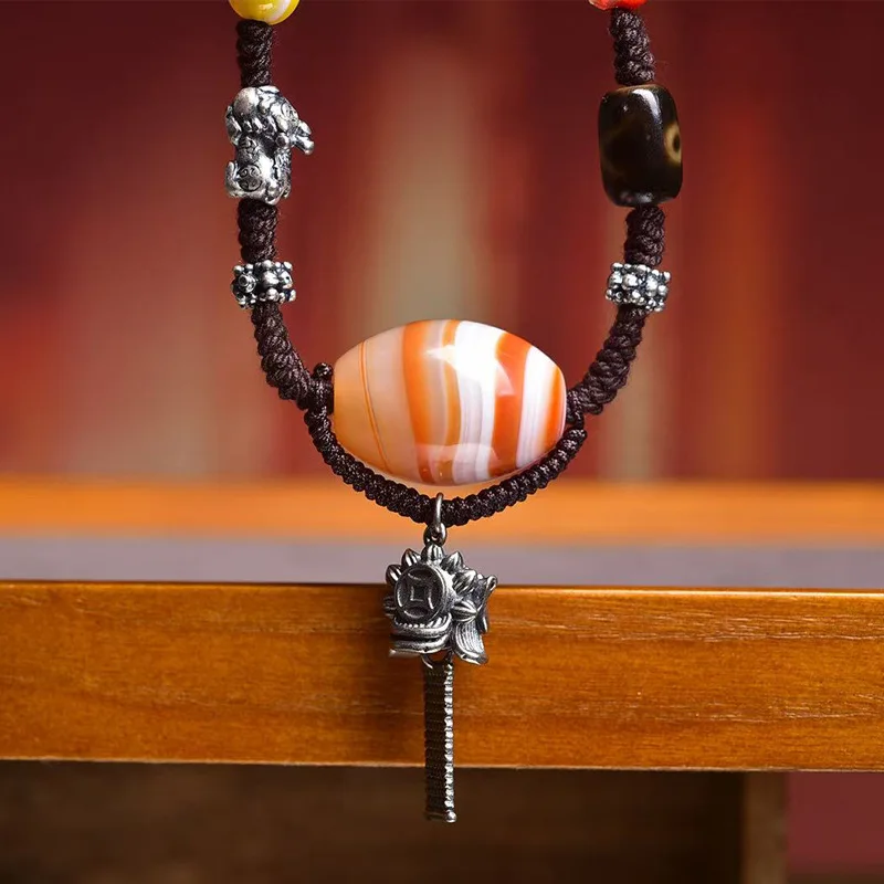 قلادة عقيق قديمة الزائفة الجينسنغ الفضة القوات الشجاعة Xingshi الملونة الصقيل العين الخرز اكسسوارات حبل مضفر #4