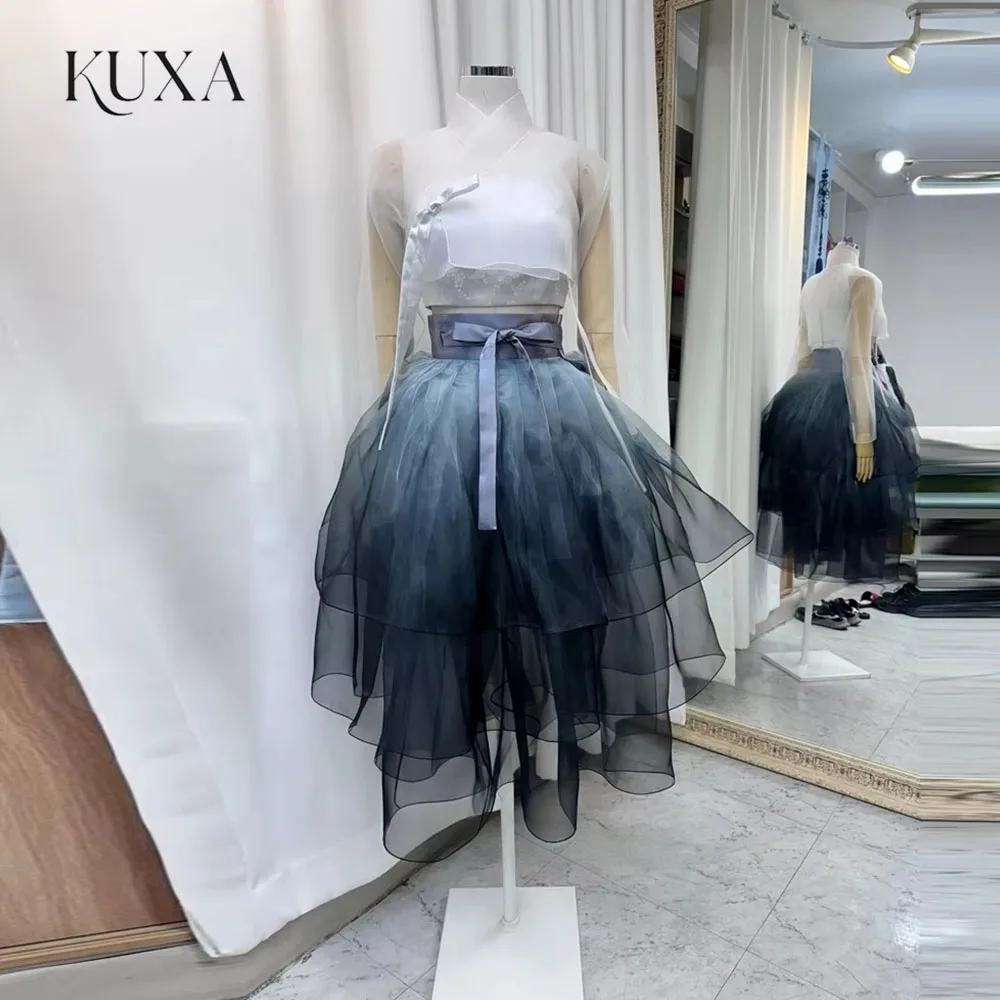 KUXA Customized Gradient Tiered Organza Hanbok Dress A Line Pleat Korea Wedding Photo Shoot Dress Long Sleeve Concert Dress