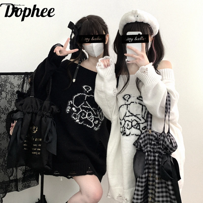 Dophee Original Japanese Subculture Off Shoulder Strap Loose Pullover Top Cartoon Pattern Mid-long Women Sweater Dress Sweet