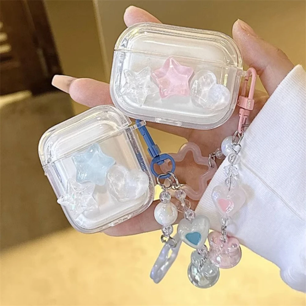 Cute 3D Love Star Heart Clear Headphones Case For AirPods 1 2 3 With Beads Pendant Protective Shell Soft Cover For AirPods Pro 2