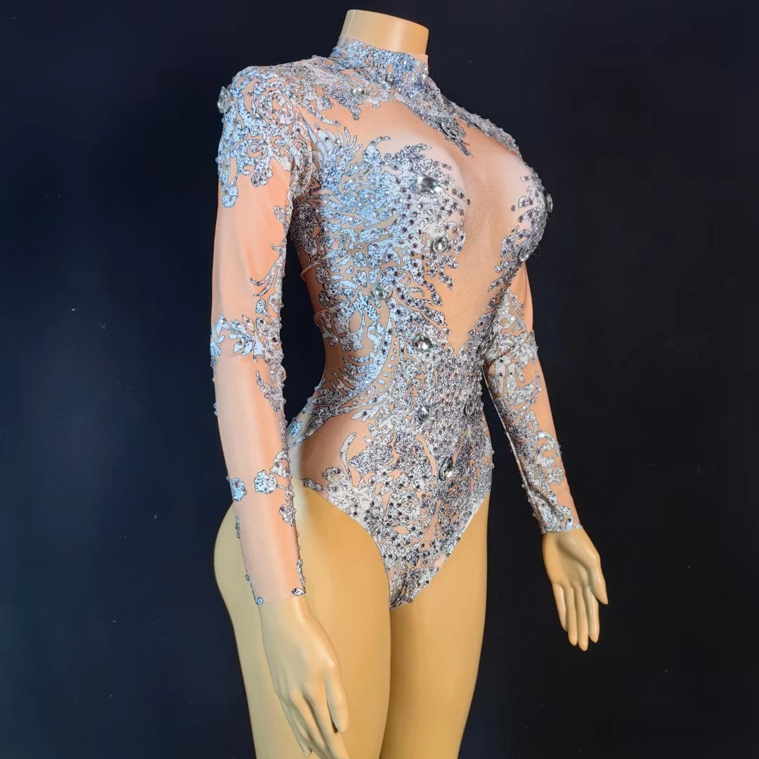 Handmade Purple Diamond Crystal Long Sleeved Jumpsuit Dance Performance Costumes Stage Wear Lady Club Birthday Party Bodysuits