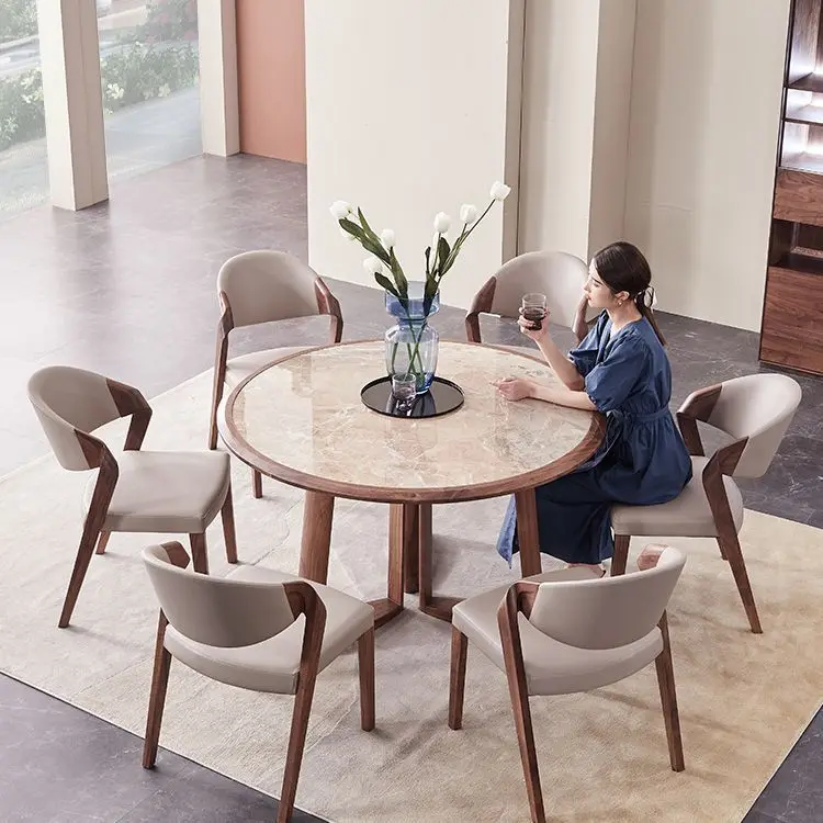 

Black walnut rock slab dining table creative solid wood round dining table high-end round table