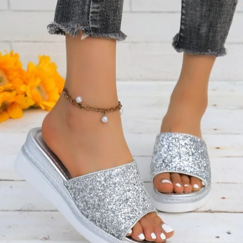 Bling Wedges รองเท้าแตะแพลตฟอร์มผู้หญิงส้นตึกรองเท้าแตะชายหาด2024แฟชั่นใหม่ฤดูร้อนรองเท้าแตะส้นสูง Femme