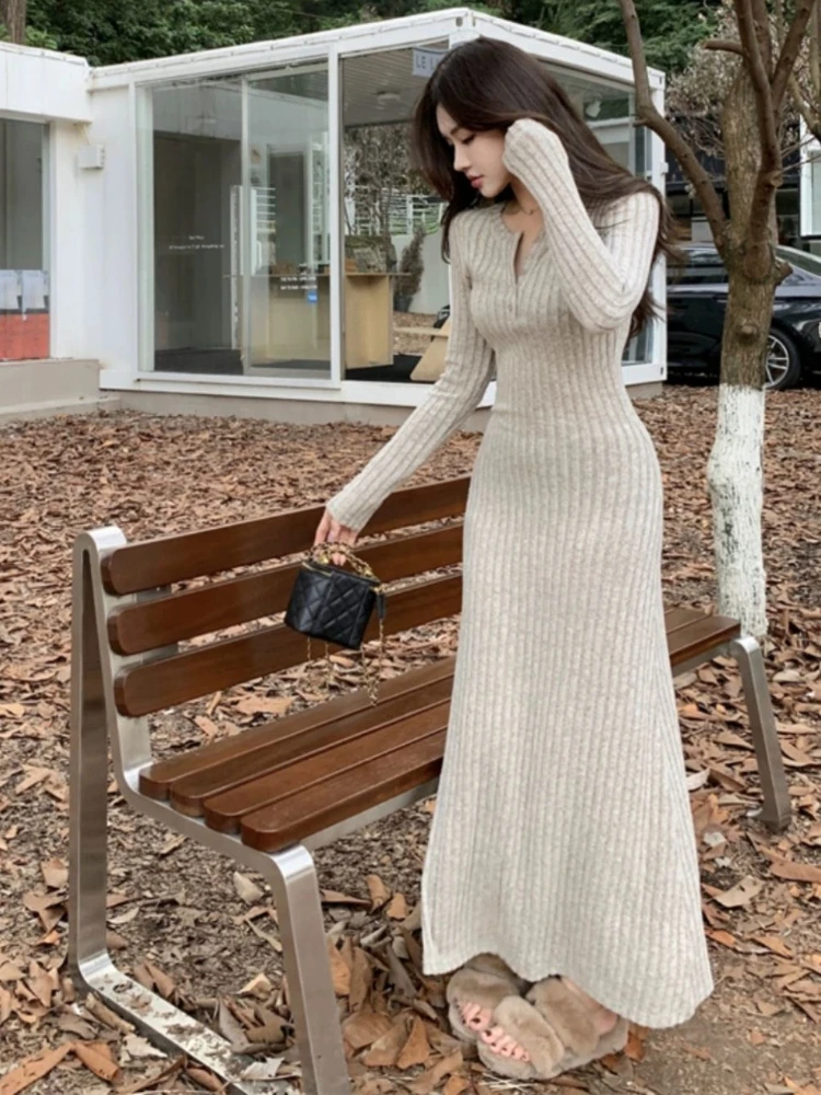 Dress Women Long Style Fashion Autumn Inside Tunic Stylish Maxi All-match Vestidos Party Temperament Solid Retro Korean Casual