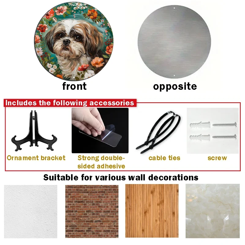 Aluminum Metal Sign Round Decorative Wreath, Wall Door Hanger, Waterproof HD Printed Art, Weather-Resistant Shih Tzu Dog