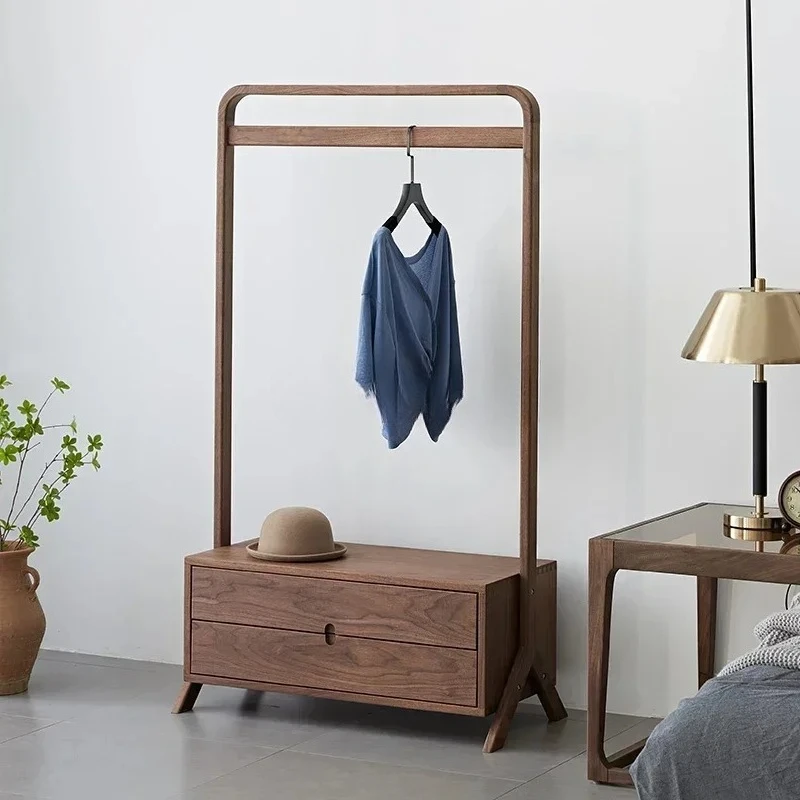 Solid Wood Coat And Hat Rack Black Walnut Floor Clothes Rack Drawer Storage Multifunctional Shoe Changing Stool
