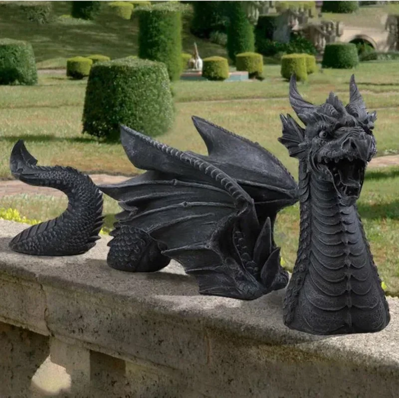 Gothic Dinosaur Black and White Three-Section Flying Dragon Garden Landscape Decoration Garden Garden Decoration Resin Crafts