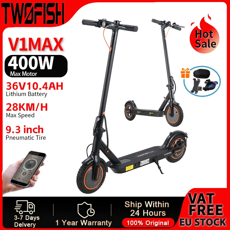 TWOFISH Scooter électrique 400W moteur de puissance 9 "pneu 10.4Ah batterie 100kg charge 28 KM/H frein à disque avec application intelligente scooter pliable