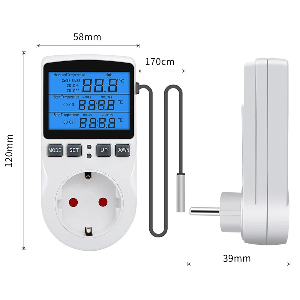 3680W Thermostat Temperature Controller EU/US/UK/AU/FR LCD Backlit Digital Thermostat Heating Cooling Control Mode Plug in Timer