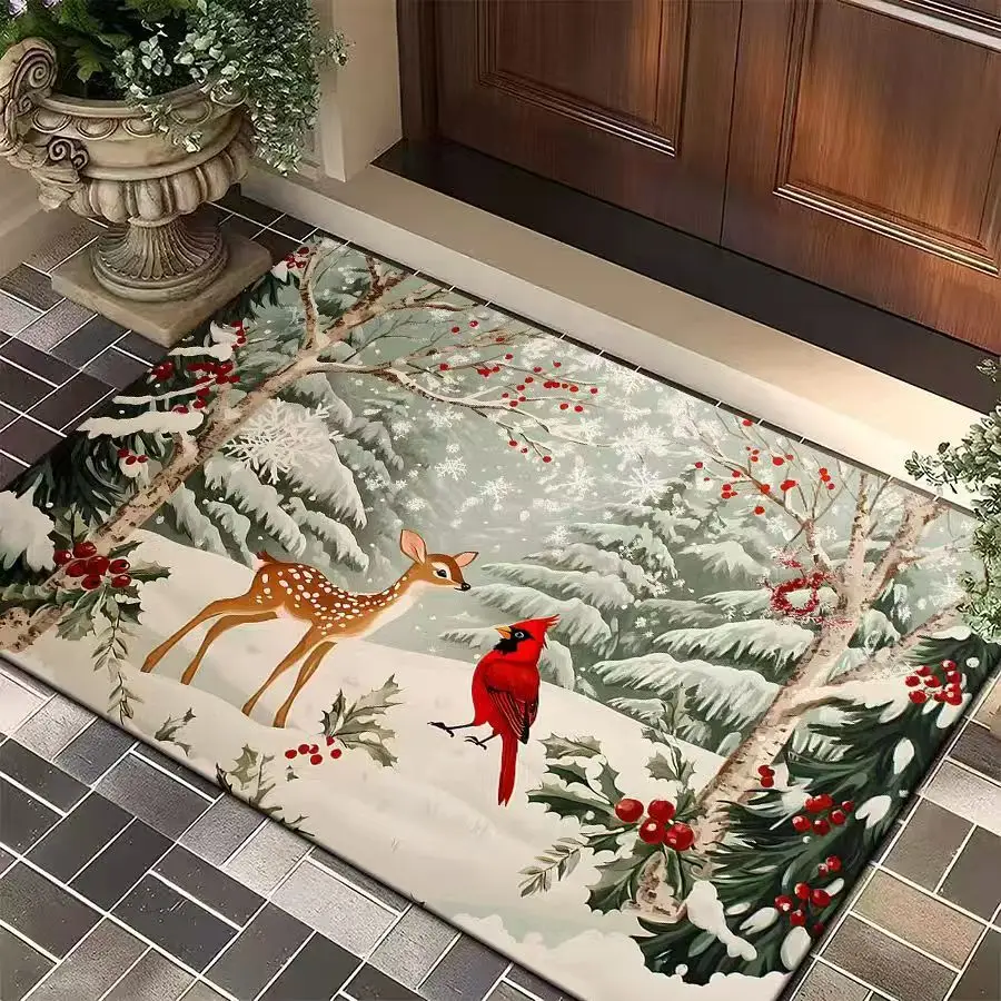 Winter Deer and Cardinal Bird print door mat foyer garden doorway terrace Entry Door Rug Daily use Christmas Gift