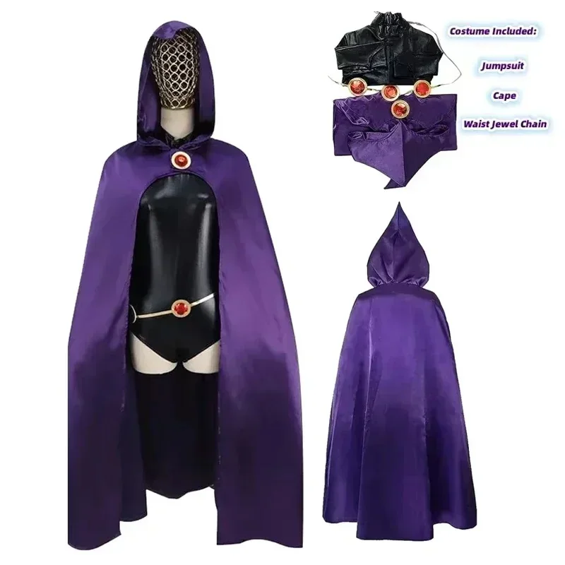 ティーン・タイタンズ-レイヴン-コスプレコスチューム-デラックスジャンプスーツ-マント-ベルト-スーツ-ハロウィンユニフォーム-女性用-xs-3xl