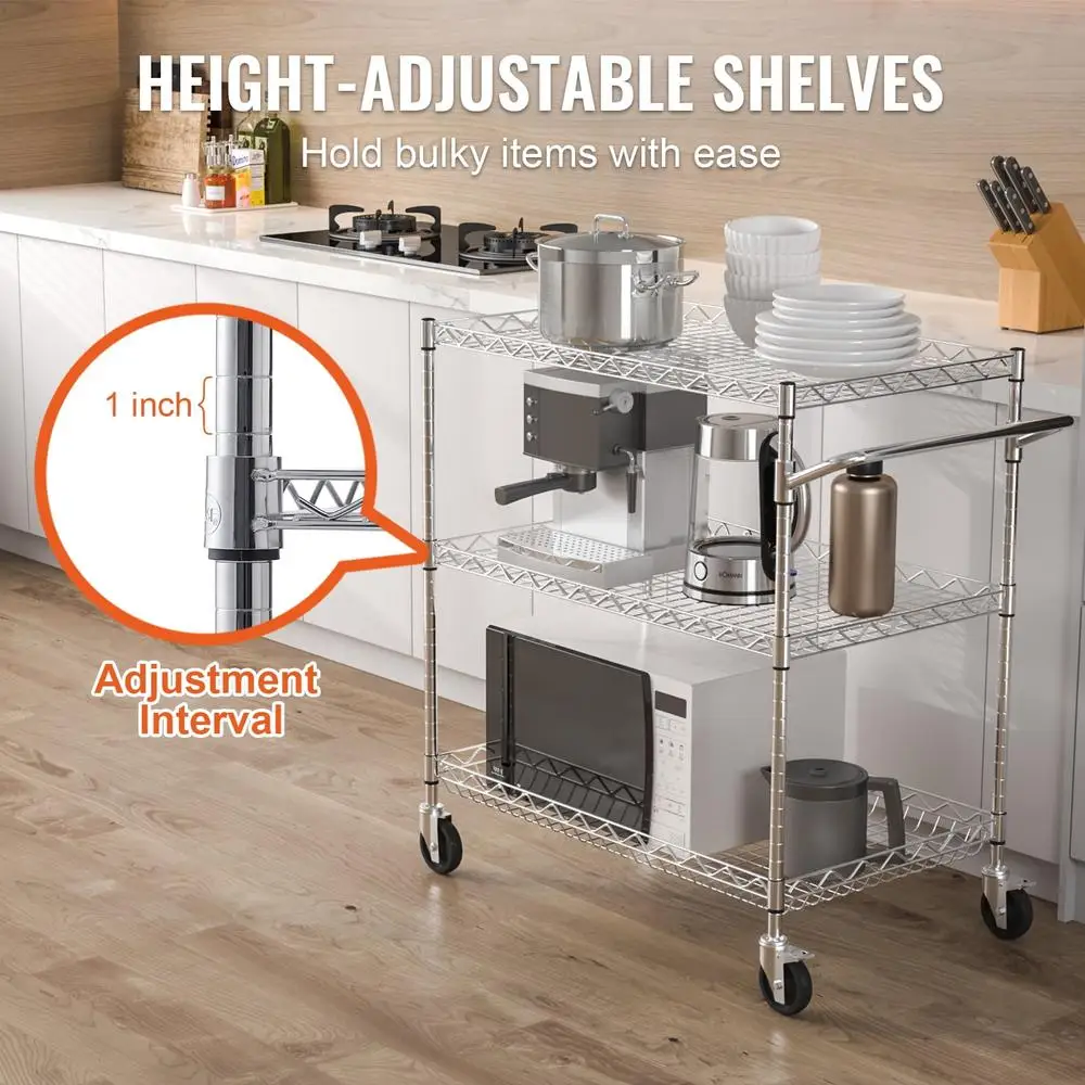 3-Level Rolling Kitchen Cart Mobile Service Trolley Storage Utility Cart with Adjustable Shelves 661LBS Load Capacity Wheels