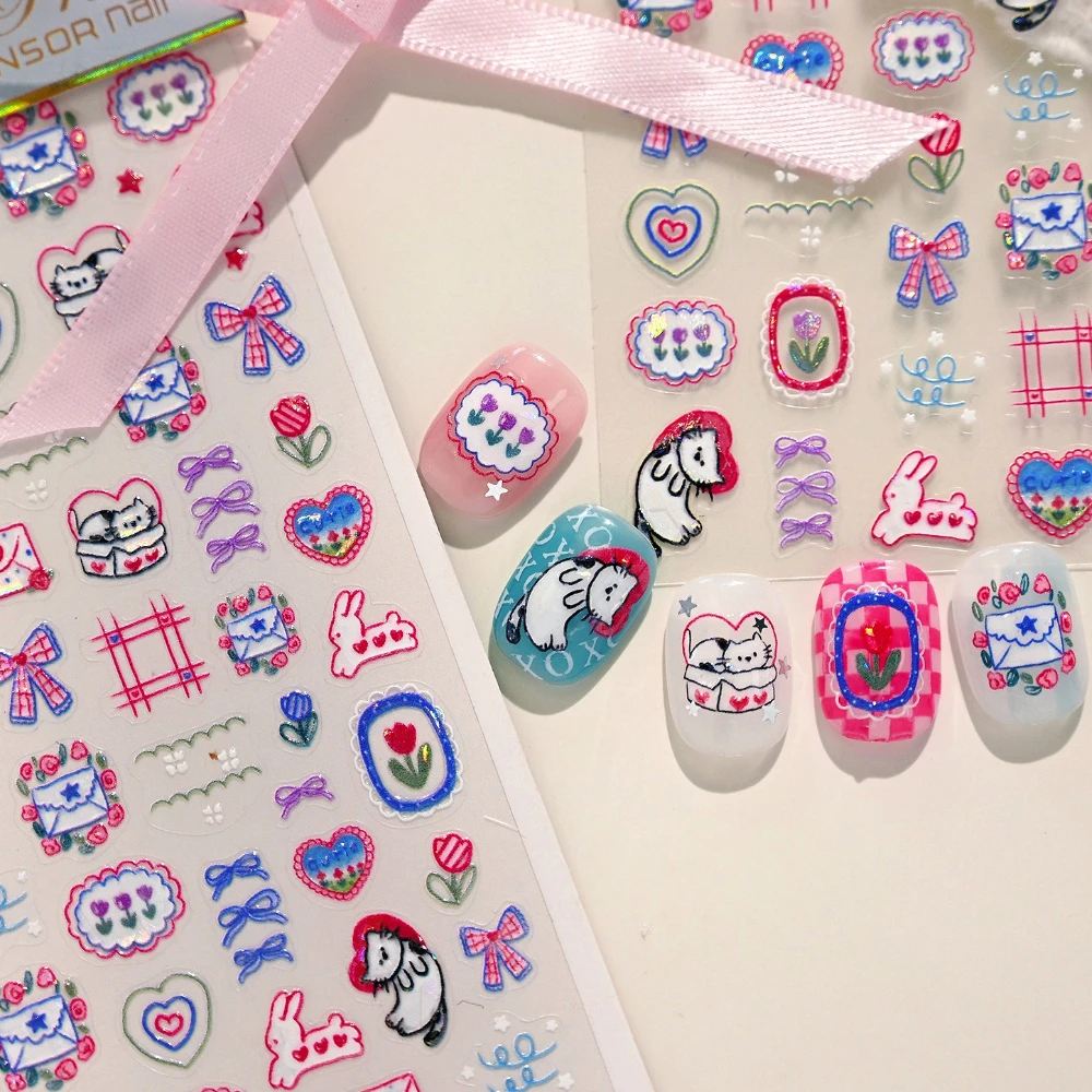 

Lovely Shiny Kitten Bunny Bowknot Flower Envelope Cartoon Graffiti 3D Self Adhesive Nail Art Stickers Cat Rabbit Manicure Decals