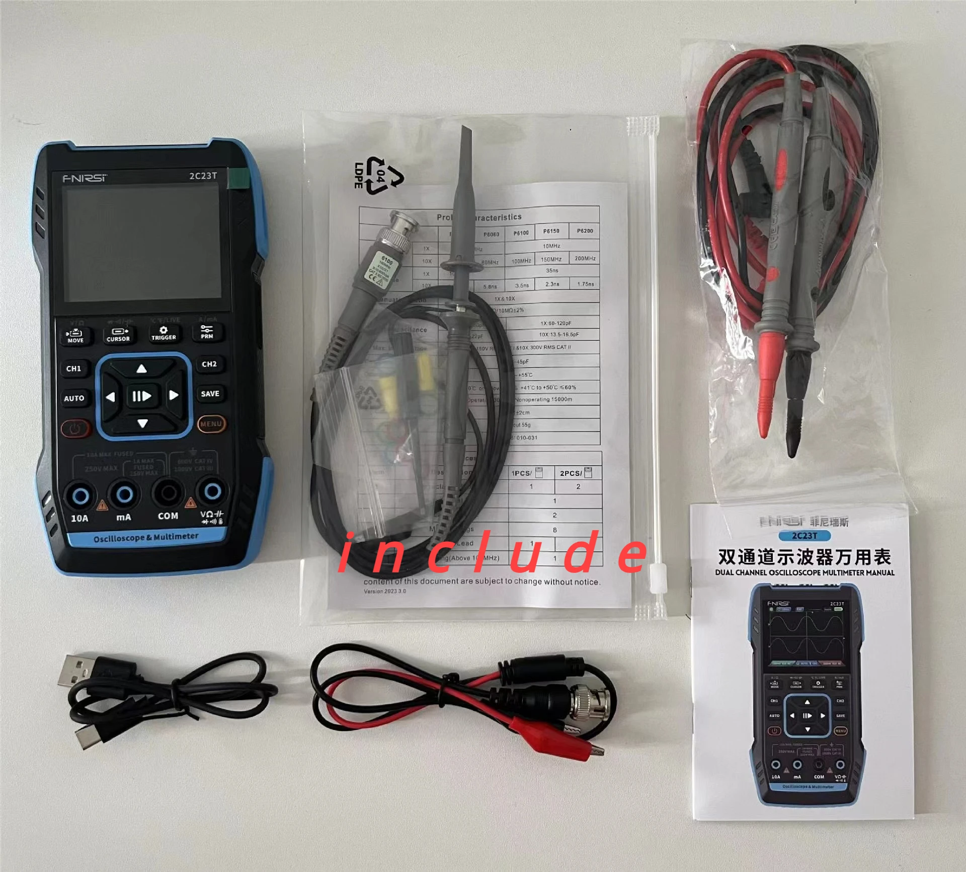Digital Oscilloscope Multimeter Three-in-One Dual-Channel Oscillograph Signal Generator Auto Repair TOOLS FNIRSI-2C23T