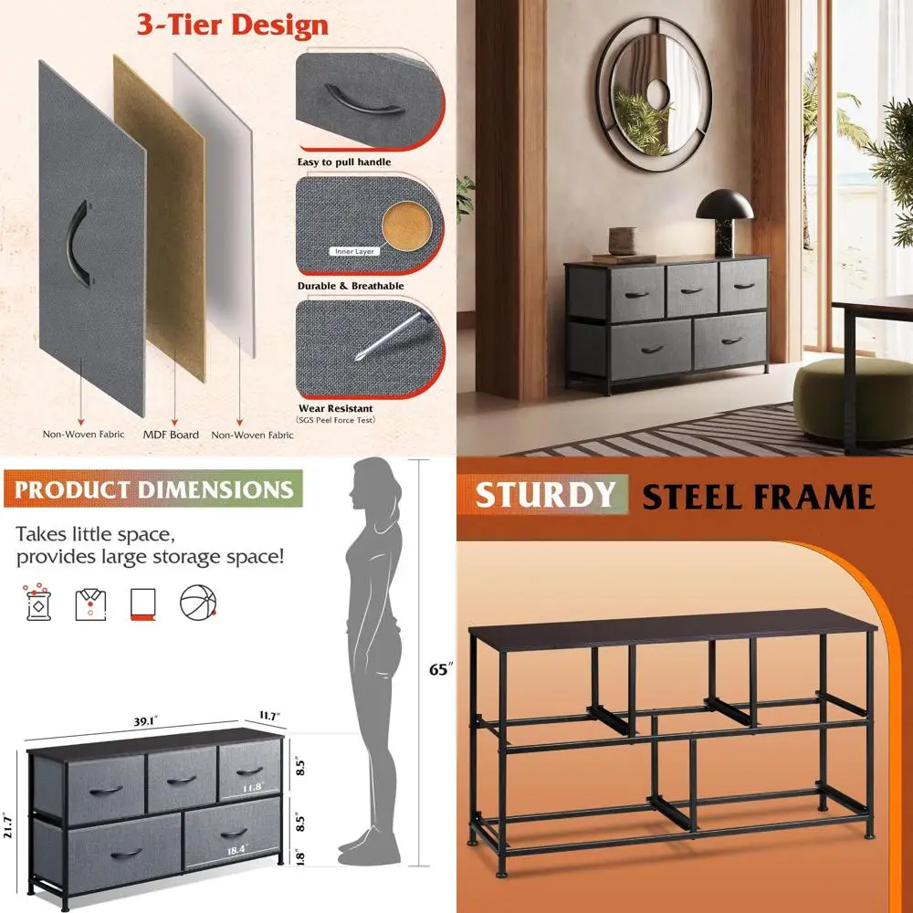 

Комод для спальни с 5 ящиками, широкий комод для хранения, органайзер с тканевыми корзинами для шкафа, гостиной и прихожей, темно-серый