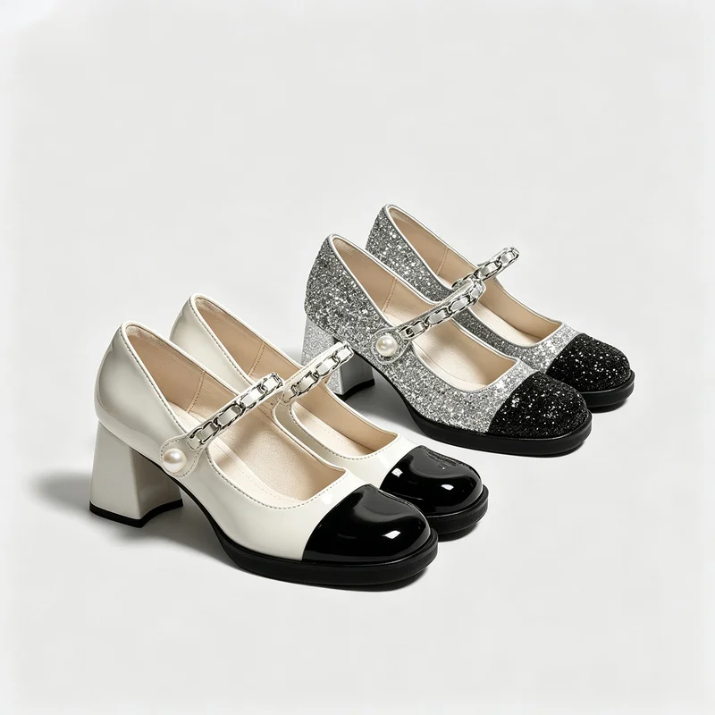 Women Two Tone Mary Jane Pumps 6.5CM Block Heel Chain Pearl Strap Patent Leather Party Dress Shoes Ivory Silver