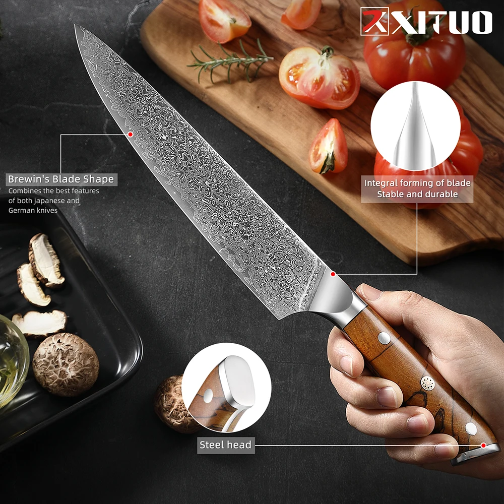 XITUO 8-Piece Damascus Kitchen Knife Set 67-Layer Japanese VG10 Steel Chef\'s Knife, Cleaver Knife, Bread Knife, Santoku Knife