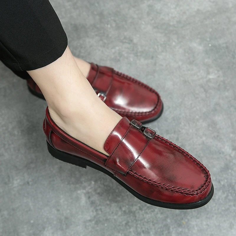 

Mens New Double Buckle Loafers Italian Driving Shoes Casual Brand Low Heel Business Design Leather Shoes Men Slip on Moccasins